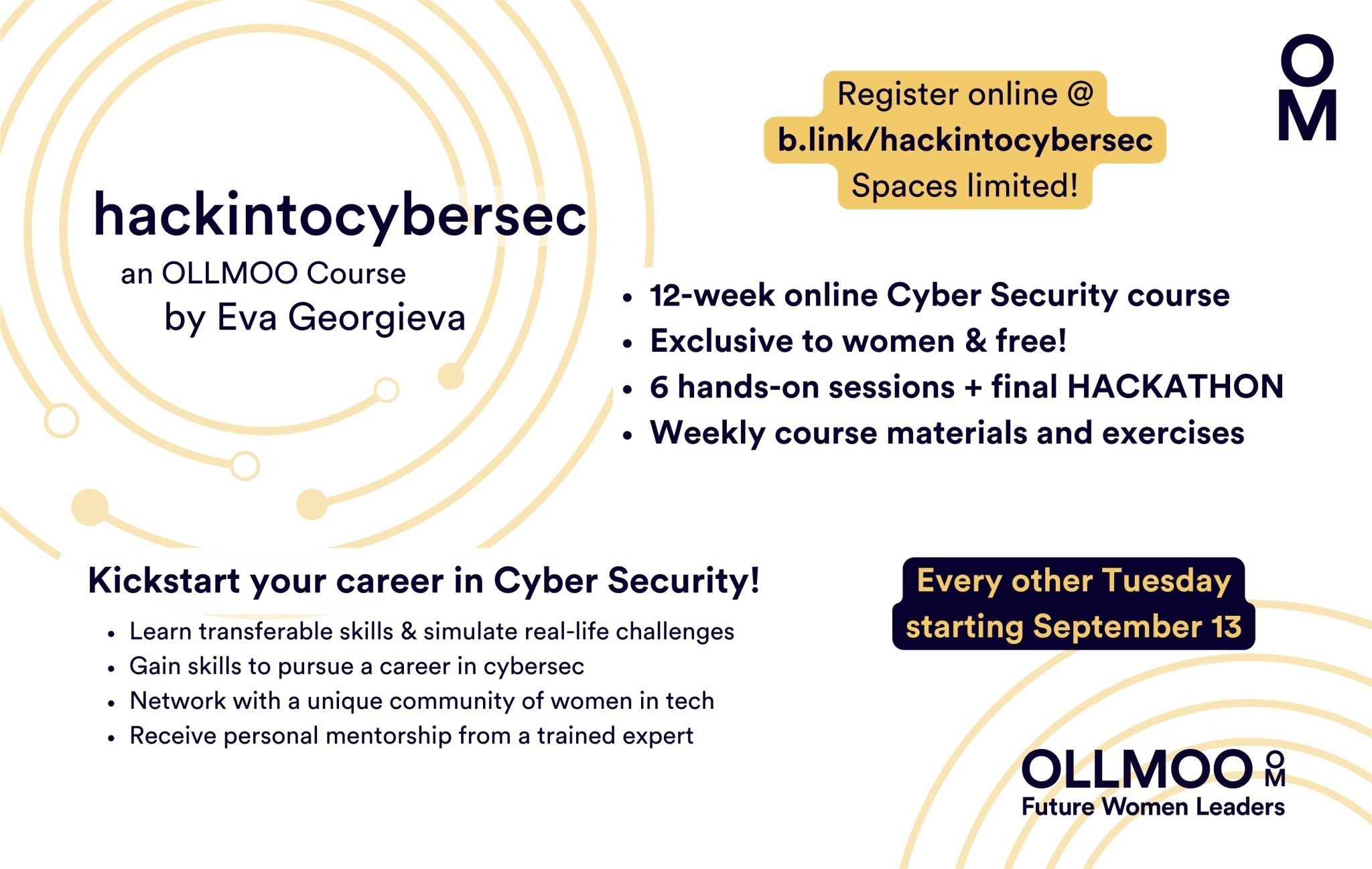 An image titled “hackintocybersec” with a description of a 12-week Cyber Security course for women, aimed at teaching them skills to enter a career in cybersecurity