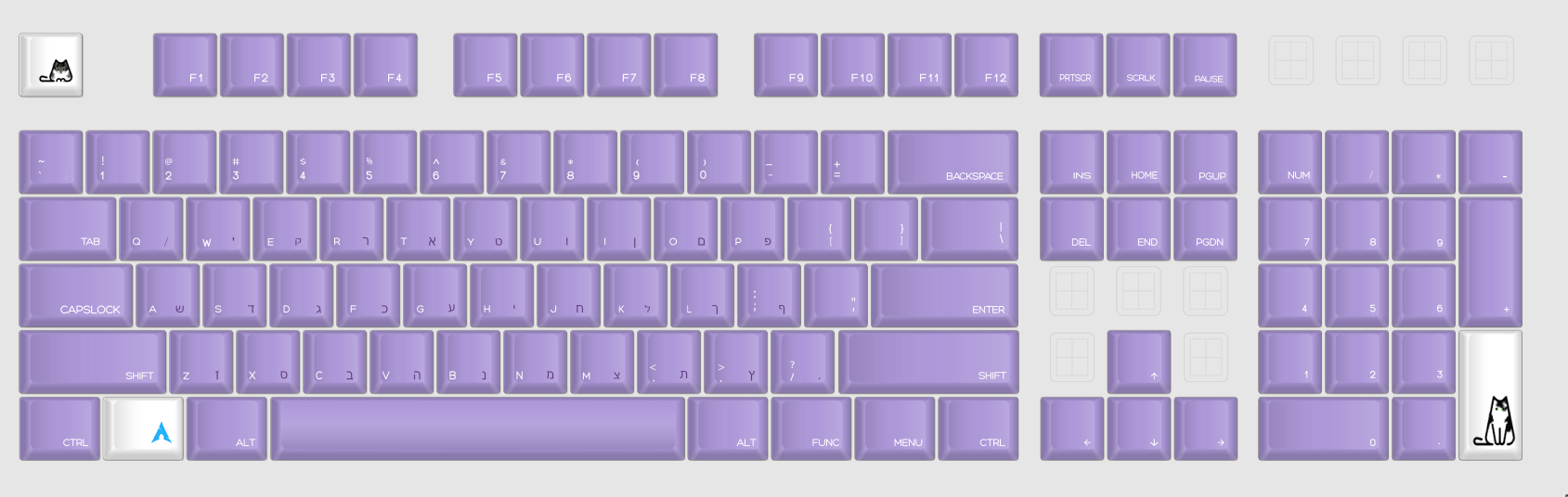 A keyboard with mostly light purple keys, except the escape, Win, and enter on the number pad, which are white. The escape has a small cat with tabby stripes and white, and the enter key has a larger cat with white and black spots. The Win key has the blue Arch Linux logo on it. All the letter keys have white Roman letters and dark purple Hebrew letters.